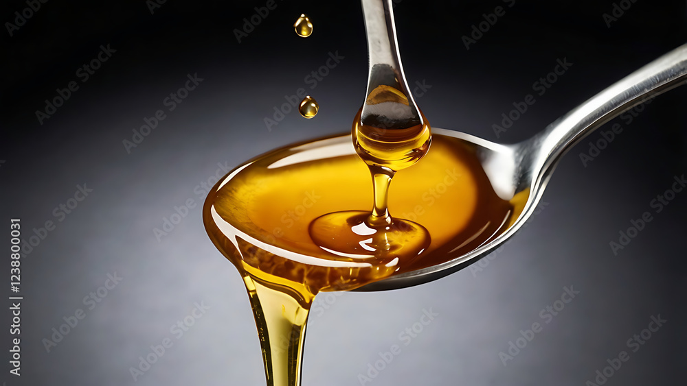Close-up of a spoon with thick amber honey, which slowly flows down, forming delicious drops Close-up of a spoon with thick amber honey, which slowly flows down, forming delicious drops