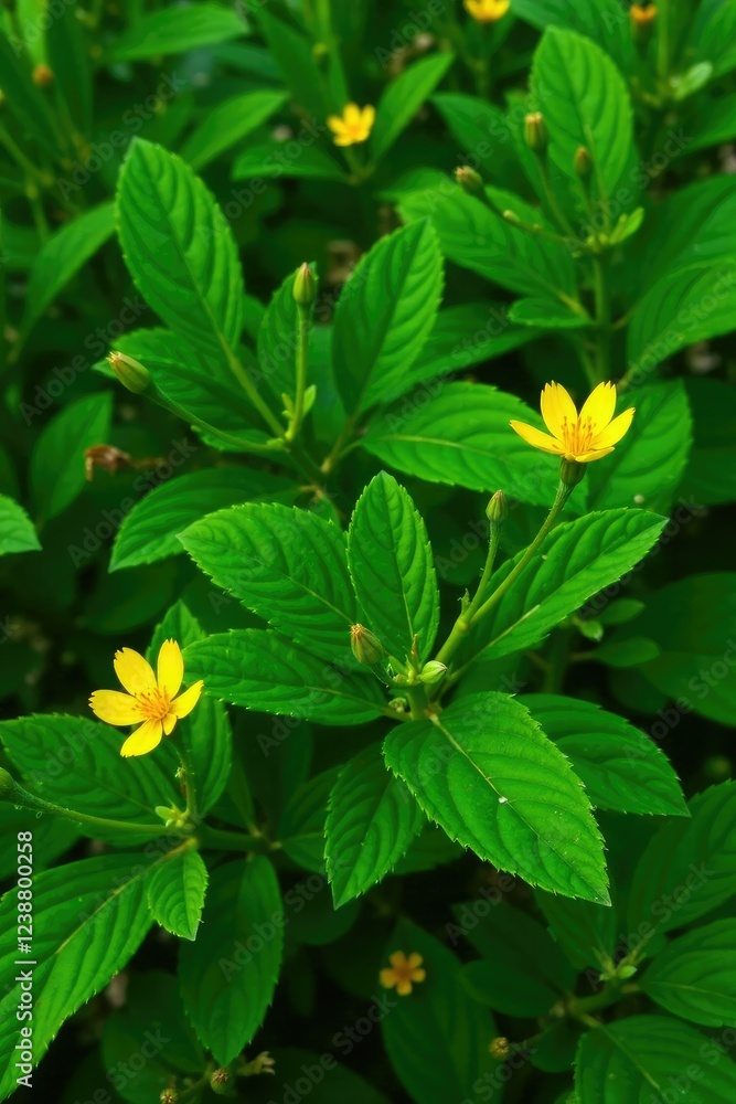 Lush green leaves with tiny yellow flowers blooming at the tips, greenery, flowers, floral Lush green leaves with tiny yellow flowers blooming at the tips, greenery, flowers, floral