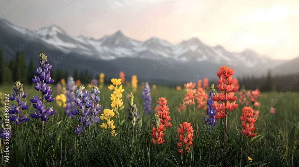 Obraz premium Vibrant Wildflowers in Peaceful Mountain Meadow with Majestic Backdrop