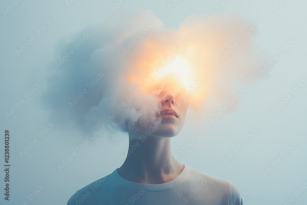 Mystical encounter with thoughts manifested in a cloud of creativity and inspiration above a contemplative figure Mystical encounter with thoughts manifested in a cloud of creativity and inspiration above a contemplative figure