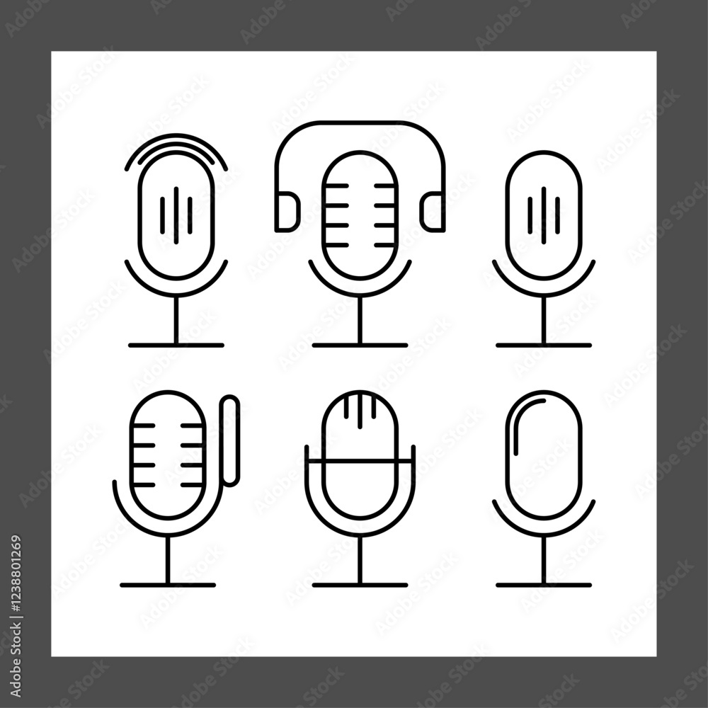 Six microphone icons arranged in a grid, each with a unique design. The icons are outlined in black on a white background, featuring various microphone styles including traditional, modern, and headse Six microphone icons arranged in a grid, each with a unique design. The icons are outlined in black on a white background, featuring various microphone styles including traditional, modern, and headse