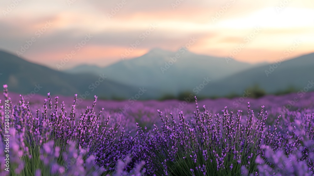 Fototapeta premium Soothing Lavender Fields Blanketing Serene Hillside Landscape at Sunset