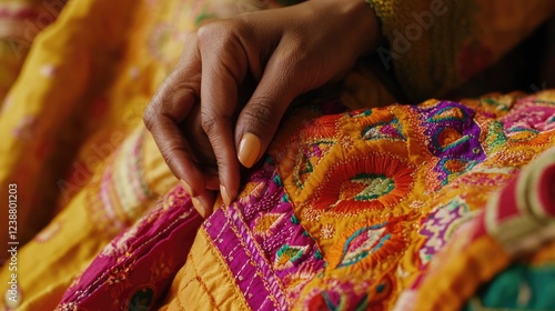 A close-up shot of a person's hand wrapped around a vibrant and colorful blanket photo