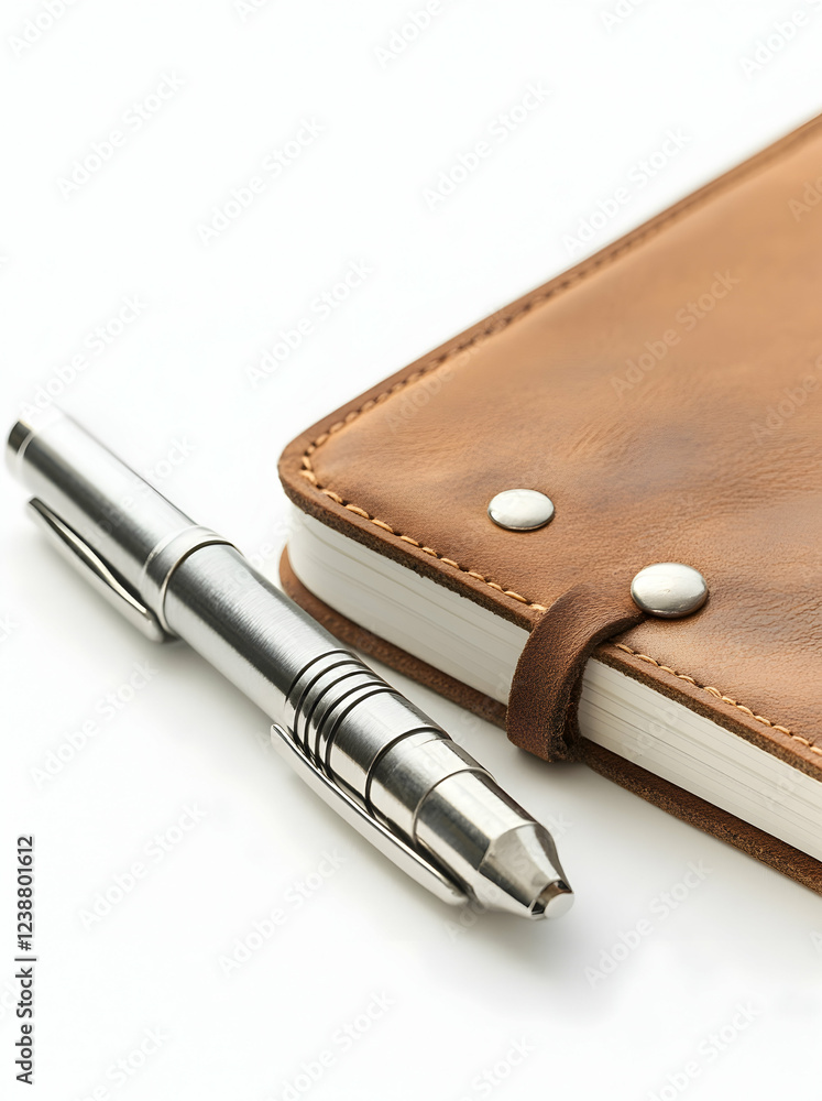 Leather Notebook and Metal Pen Still Life Photography