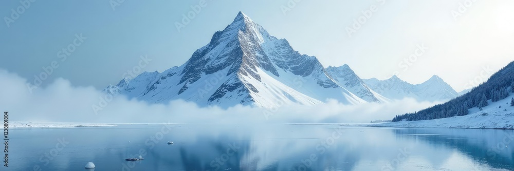 Fototapeta premium Speckled snowy mountain peak with a misty atmosphere and frozen lake in the foreground, snow,