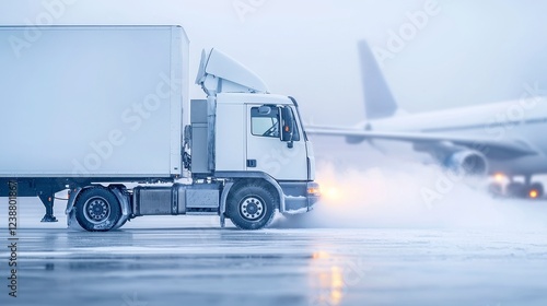 Cold Storage Transfer, frozen goods moved from truck to plane, dry ice mist swirling in the air, minimalist background, clean setting, efficient logistics in action photo