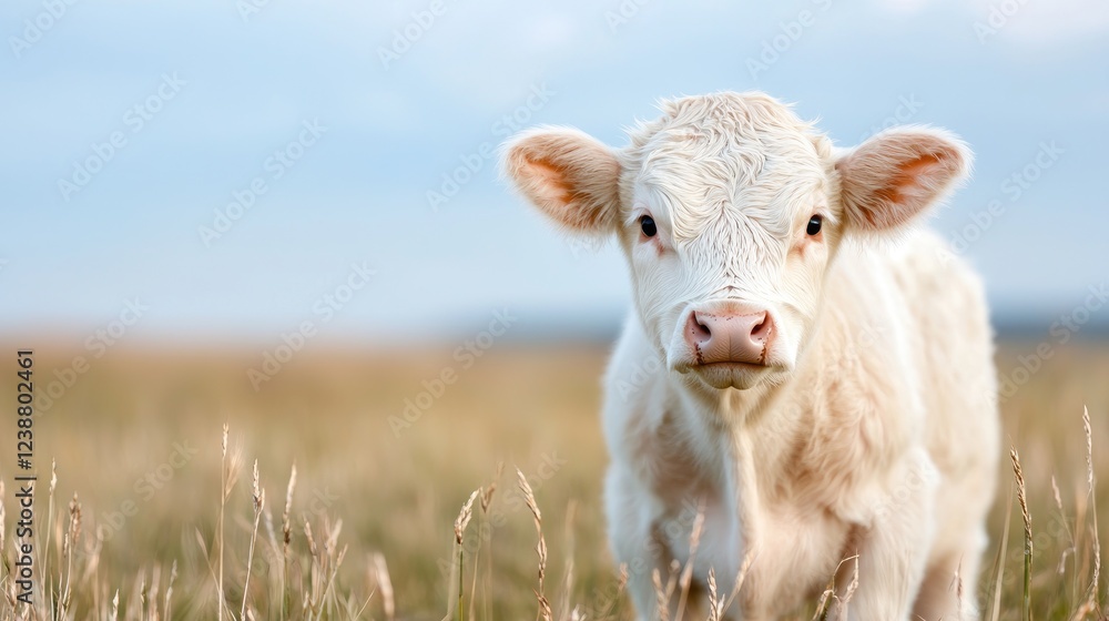 Calf in field, summer sky, rural scene, livestock farming