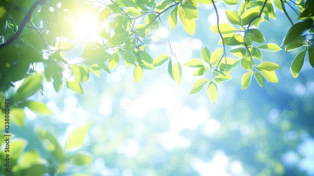 Fototapeta premium Sunlit green leaves, forest background, nature scene, spring