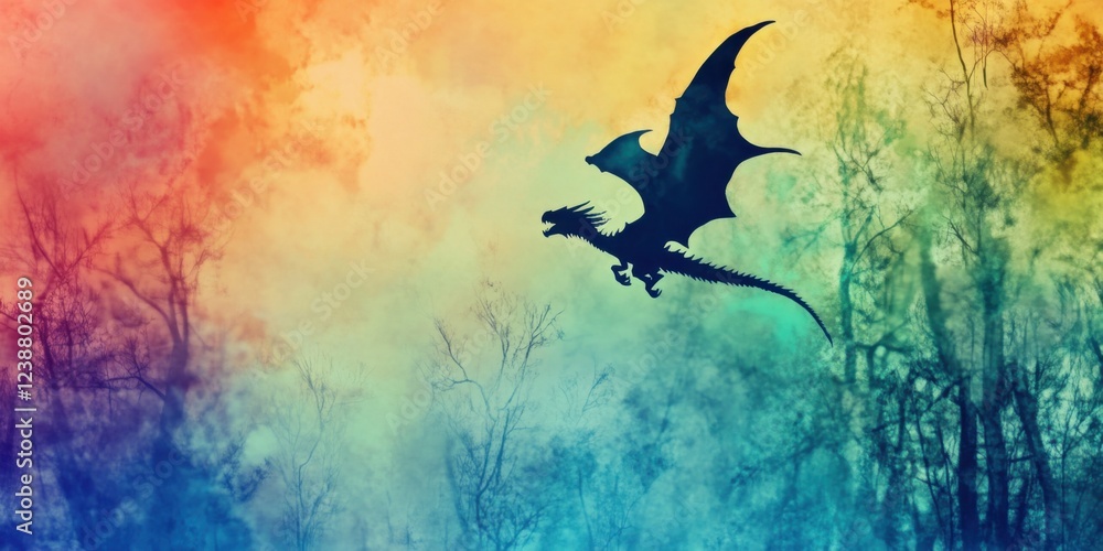 Fototapeta premium A Majestic Dragon Soaring Through a Beautiful and Colorful Sky Full of Clouds and Light