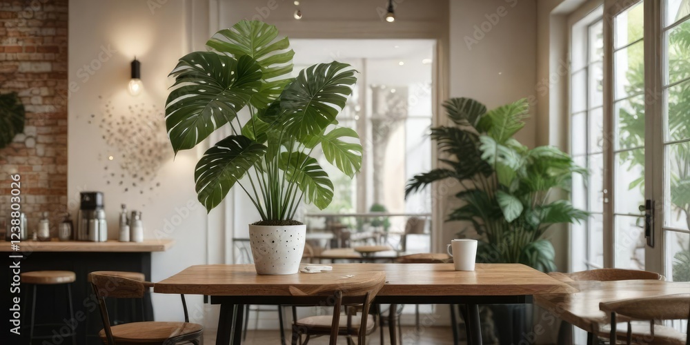 Fototapeta premium Stylish coffee shop interior with white spotted monstera tree as centerpiece, trendy, interior, coffee shop, air purification, centerpiece