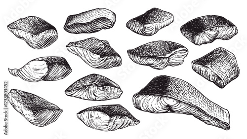 Salmon Fillet Pieces Set Ink Pen Style Illustration White Background Fresh Seafood Gourmet Cooking Healthy Nutrition Meal Protein Food Culinary Ingredients Organic Freshwater Fish