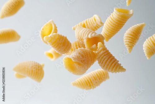 A creative shot of pasta flying in mid-air, ideal for illustrations and designs related to food or whimsical scenes photo