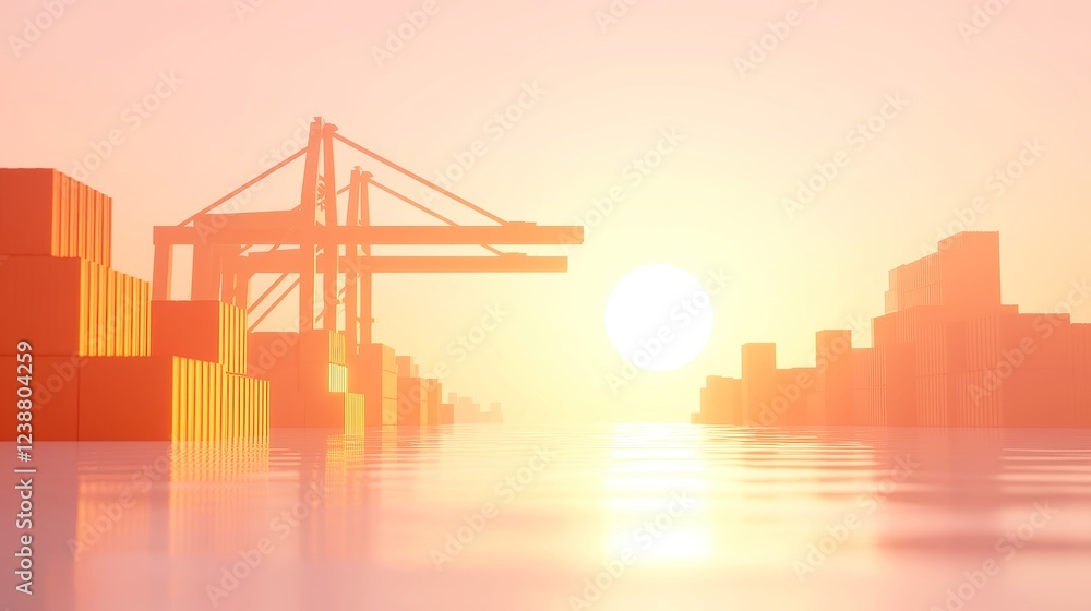 Obraz premium Harbor Cranes at Sunset, towering machines lifting shipping containers, golden hues reflecting on the water, a vibrant scene of global trade in motion.
