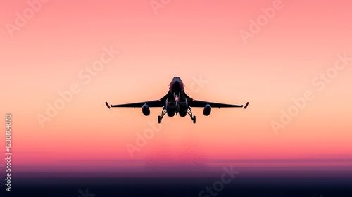 Cargo Jet Ascend at Dusk, aircraft soaring into the sky, silhouetted by a vivid sunset, vibrant hues creating a striking backdrop, emphasizing motion and flight dynamics