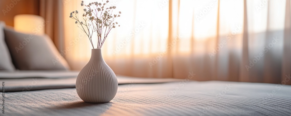 White vase with flowers on bedroom bed, sunrise view White vase with flowers on bedroom bed, sunrise view