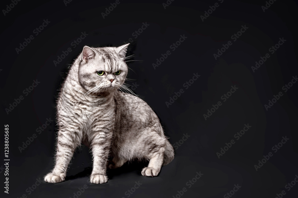 Fototapeta premium Gray Scottish cat on black background