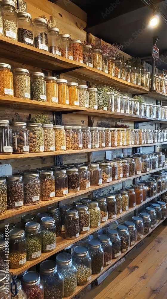 A herbal tea store with shelves filled with jars of dried herbs. pic A herbal tea store with shelves filled with jars of dried herbs. pic