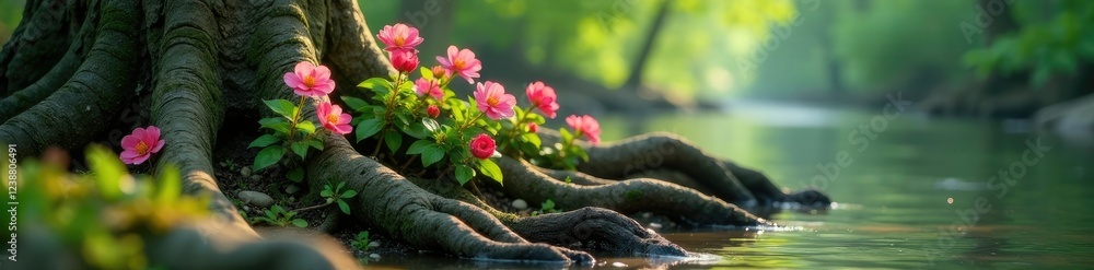 Tiny pink flowers blooming on the roots of an ancient tree near a river, blooms, blossoms Tiny pink flowers blooming on the roots of an ancient tree near a river, blooms, blossoms
