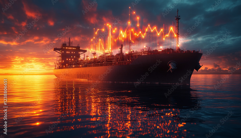Obraz premium tanker ship at sunrise with glowing profit arrows reflecting