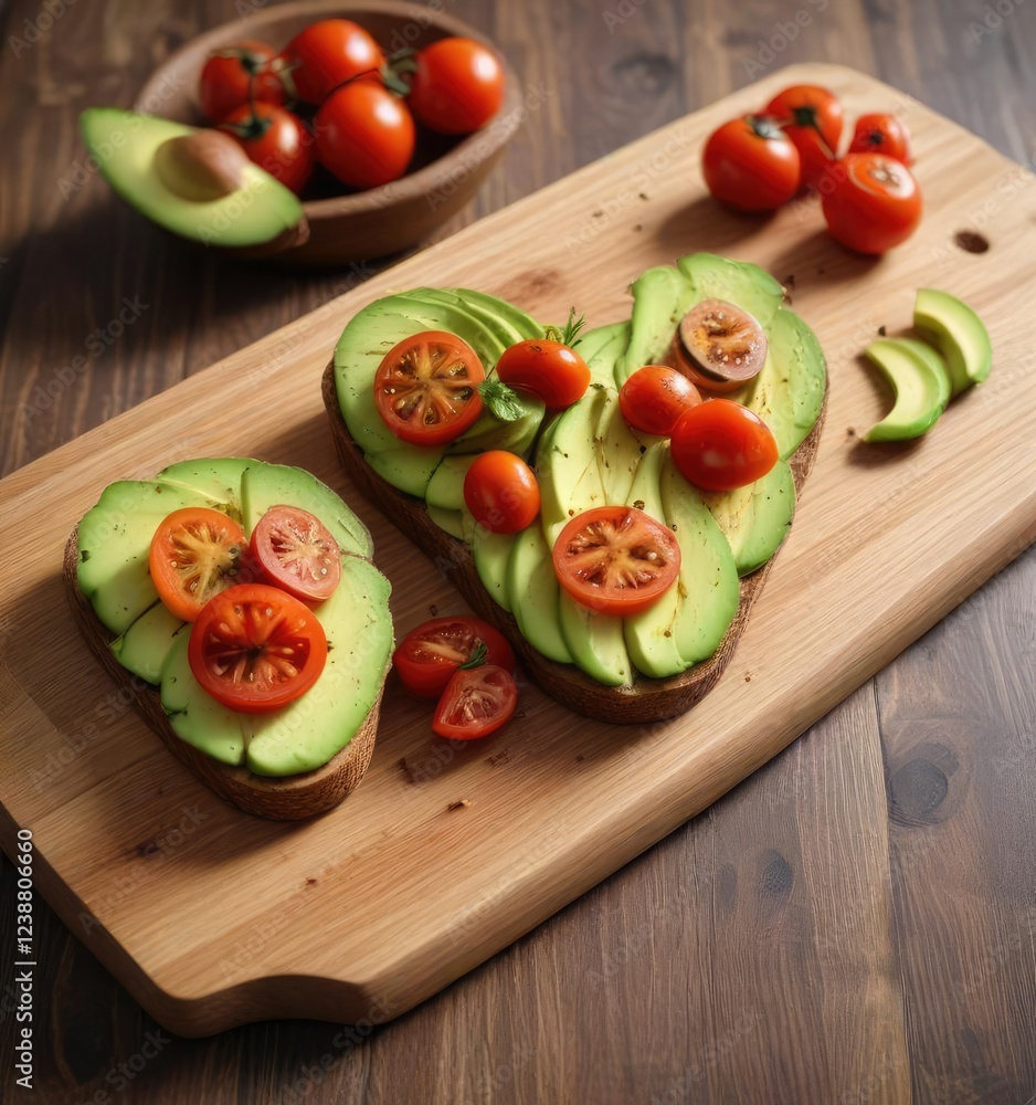 Toast with sliced avocado and cherry tomatoes on a wooden plate, kitchen, food, breakfast Toast with sliced avocado and cherry tomatoes on a wooden plate, kitchen, food, breakfast