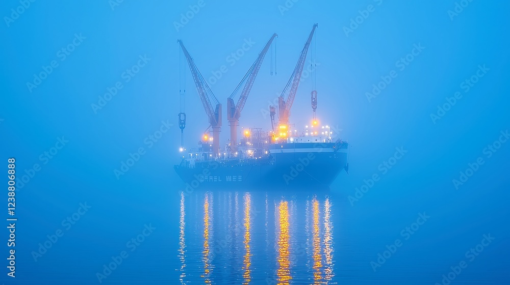 Nighttime Shipbuilding Yard, cranes towering over a cargo vessel assembly, illuminated by bright floodlights, showcasing industrial strength and precision in a minimalist setting Nighttime Shipbuilding Yard, cranes towering over a cargo vessel assembly, illuminated by bright floodlights, showcasing industrial strength and precision in a minimalist setting