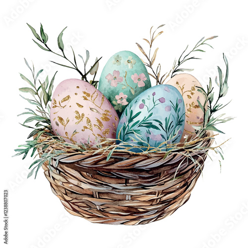 A basket of eggs with a green and gold design on them. The basket is filled with eggs of different sizes and colors