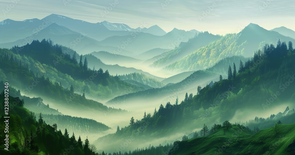 Fototapeta premium A view of the green mountains with a background of hazy skies, Generative AI.