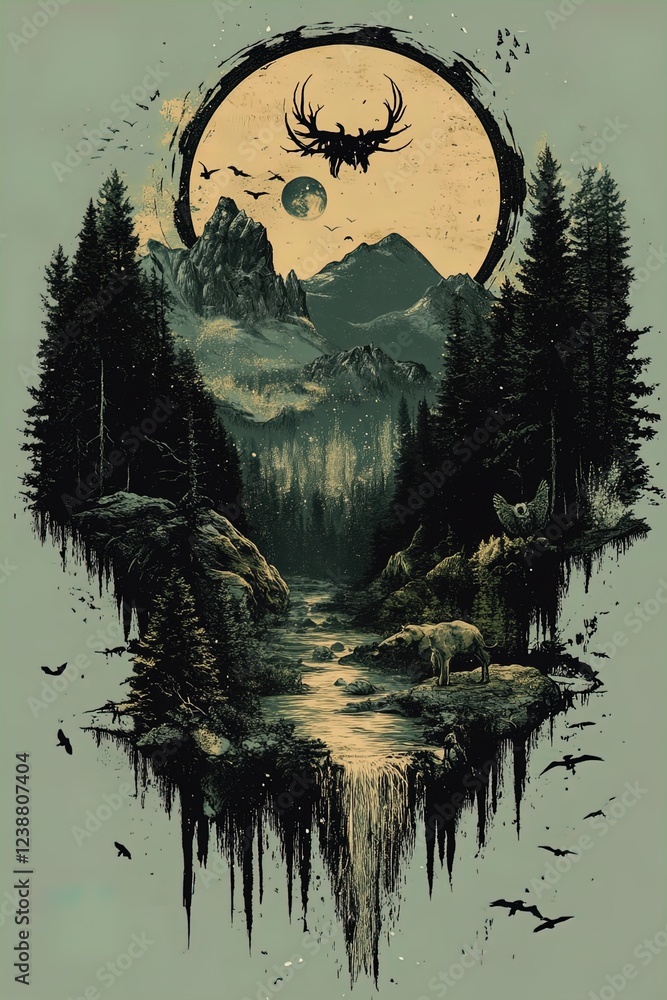 Fototapeta premium A stunning artistic representation of a serene forest landscape featuring towering trees, rugged mountains, a winding river, and a cascading waterfall. The background showcases a large circular motif 