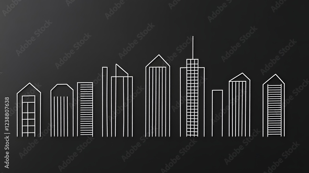 Fototapeta premium Sleek Monochrome Cityscape Skyline with Minimalist Skyscrapers Outlined in White