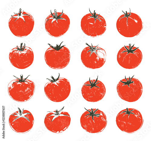 Tomatoes Set Icons Linocut Style White Background Fresh Tomato Illustrations Red Fruit Organic Produce Kitchen Artwork Vegetable Symbols Culinary Design Elements Healthy Eating