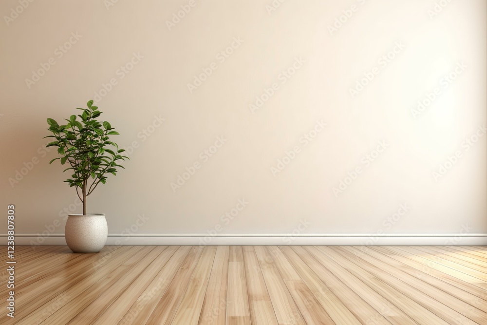 Potted plant adding a touch of nature to a spacious, empty room with wooden flooring and neutral walls, creating a peaceful and minimalist atmosphere Potted plant adding a touch of nature to a spacious, empty room with wooden flooring and neutral walls, creating a peaceful and minimalist atmosphere