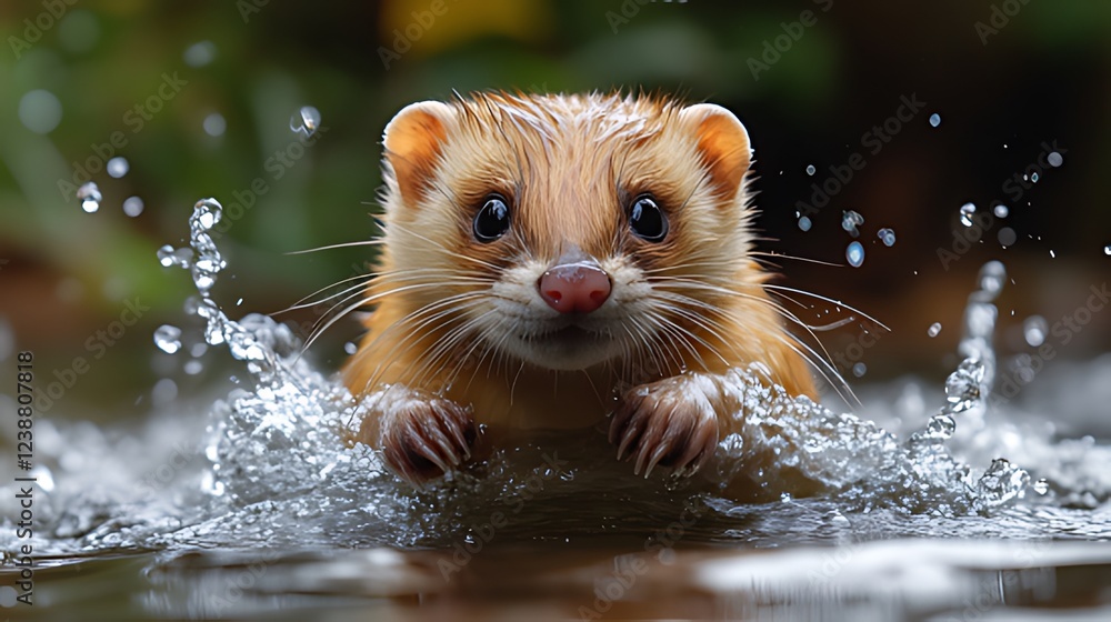 Cute ferret swimming, splashing, forest, nature, pet Cute ferret swimming, splashing, forest, nature, pet