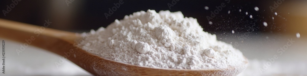 A wooden spoon filled with white powder on a table, perfect for a still life or interior design image A wooden spoon filled with white powder on a table, perfect for a still life or interior design image