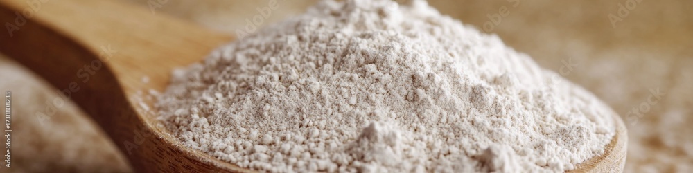 A wooden spoon filled with white powder sits on a table, ready for use A wooden spoon filled with white powder sits on a table, ready for use
