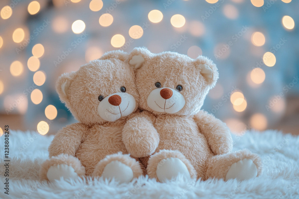 Two cute teddy bears sitting close together on a soft white surface, with a blurred background of warm, glowing lights. Two cute teddy bears sitting close together on a soft white surface, with a blurred background of warm, glowing lights.