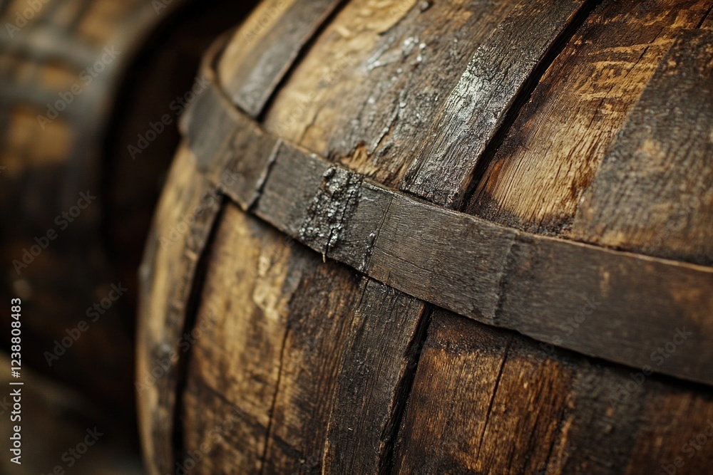 A detailed view of a wooden barrel on a table, suitable for use in product or interior design images A detailed view of a wooden barrel on a table, suitable for use in product or interior design images