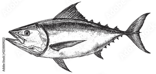 Tuna Detailed Vintage Engraving Illustration on White Background with Intricate Texture Classic Seafood Art Antique Style Marine Fish Graphic Vintage Aquatic Animal Design