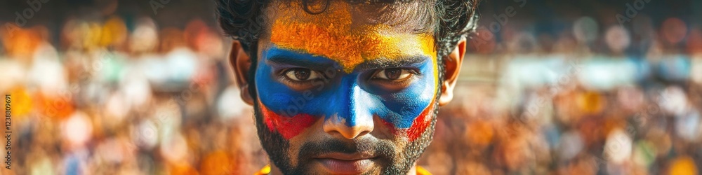 Close-up shot of a person with a colorful painted face, suitable for creative projects or as a prop in theatrical performances Close-up shot of a person with a colorful painted face, suitable for creative projects or as a prop in theatrical performances