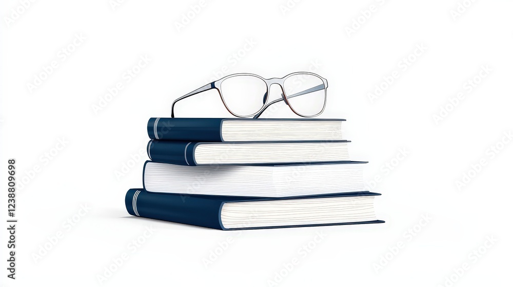 Stack of Books with Glasses on Top against a Clean White Background for Academic Themes Stack of Books with Glasses on Top against a Clean White Background for Academic Themes