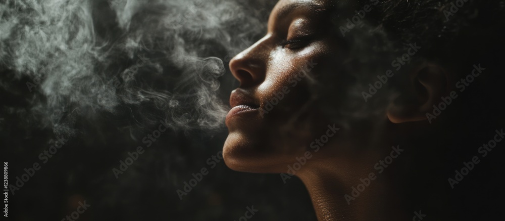 Woman inhaling steam in dark spa, aromatherapy treatment Woman inhaling steam in dark spa, aromatherapy treatment