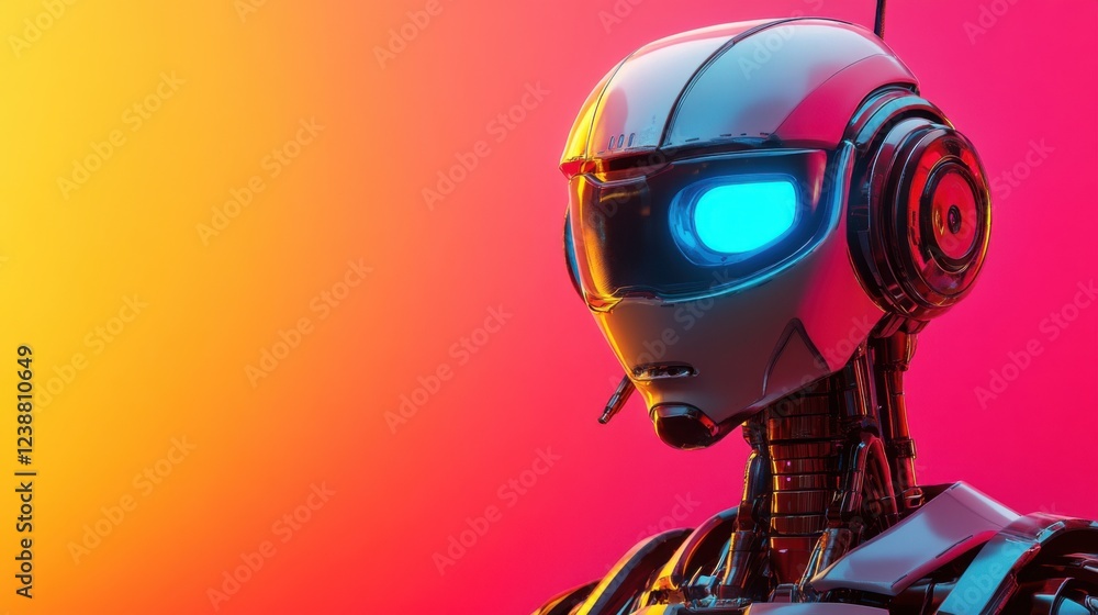 Futuristic robot with bright blue eyes against colorful background, featuring advanced technology and design Futuristic robot with bright blue eyes against colorful background, featuring advanced technology and design