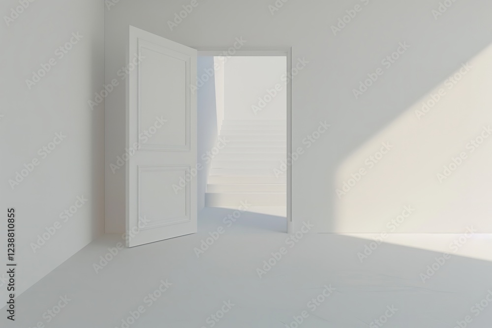 A white wooden door in an empty white room is opened, Generative AI. A white wooden door in an empty white room is opened, Generative AI.