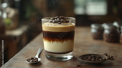 Layered Iced Coffee in Modern Style with Rich Colors Representing Calm Coffee Shop Ambiance
