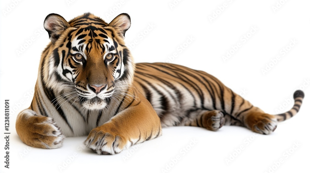 Fototapeta premium A tiger relaxing on a clean white surface