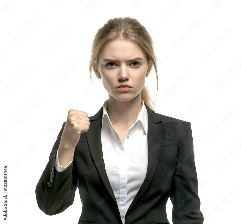 Determined businesswoman showing fist, powerful female executive portrait Determined businesswoman showing fist, powerful female executive portrait