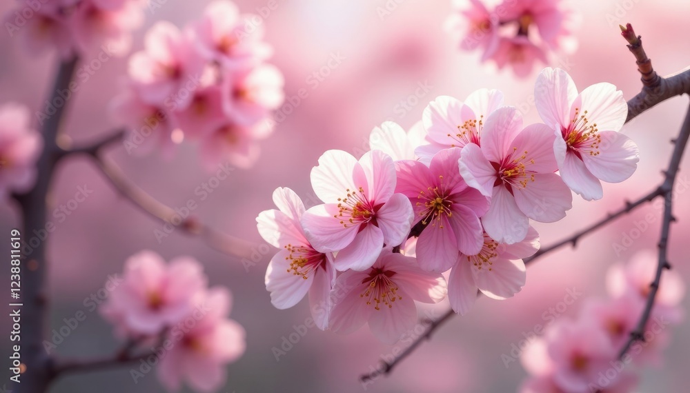 Softly blooming cherry blossoms in gentle pink hue, trees, flowers, blossom Softly blooming cherry blossoms in gentle pink hue, trees, flowers, blossom
