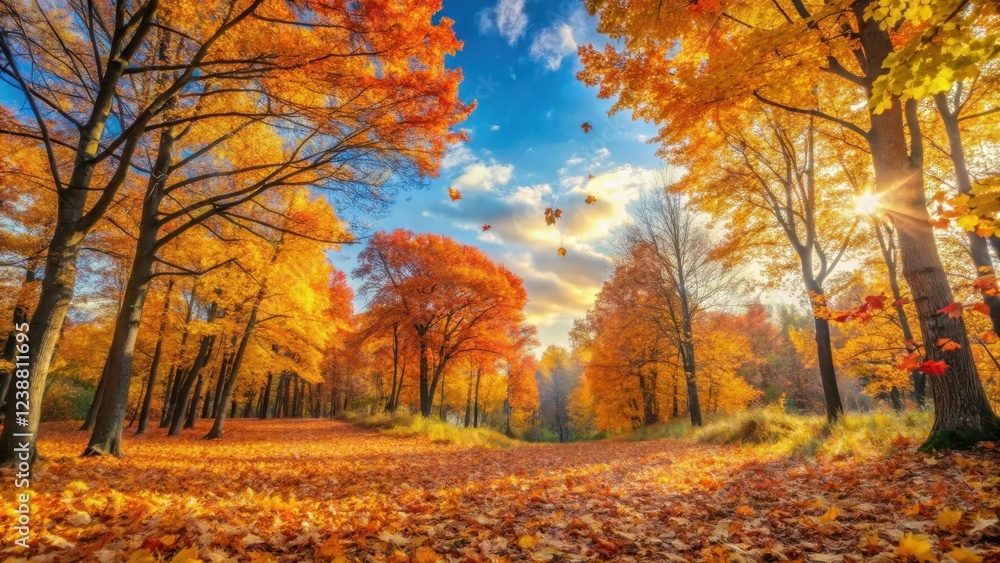 Fototapeta premium Muted hues of autumn foliage with trees displaying vibrant oranges and yellows against a soft blue sky with scattered leaves on the forest floor , seasonal change, nature scenery
