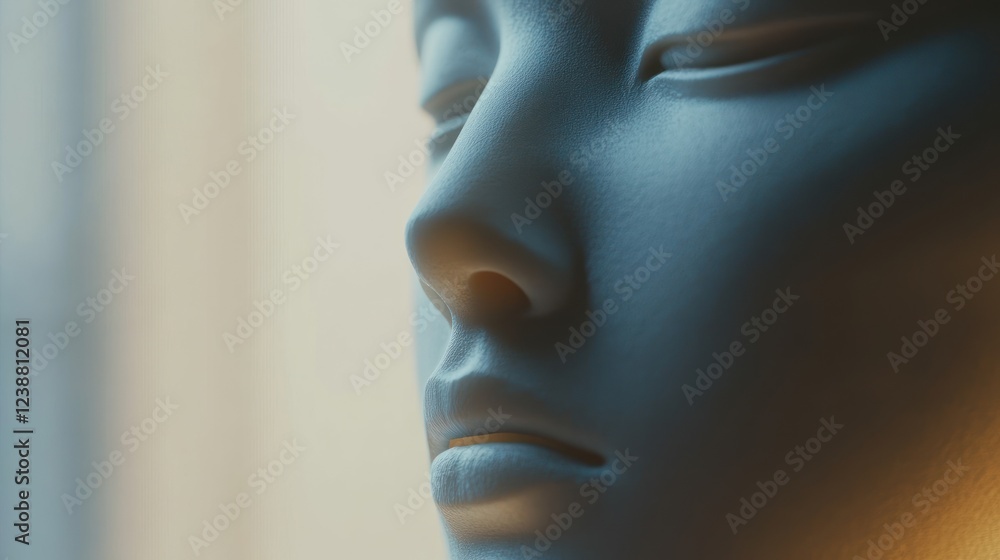 Serene sculpted face, window light, calm background, beauty ad Serene sculpted face, window light, calm background, beauty ad