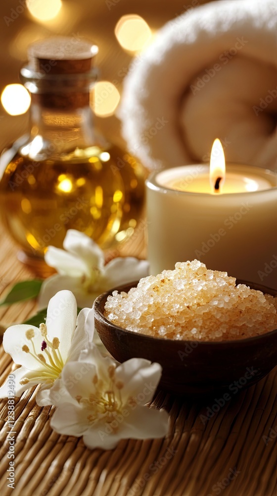 A luxury spa package featuring a candle, oil, and bath salts. pic A luxury spa package featuring a candle, oil, and bath salts. pic