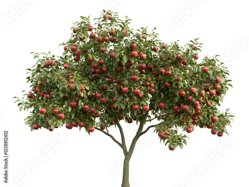 A bountiful apple tree loaded with ripe, red apples ready for harvest in the heart of autumn. The vibrant green leaves contrast beautifully with the plump, juicy fruits.